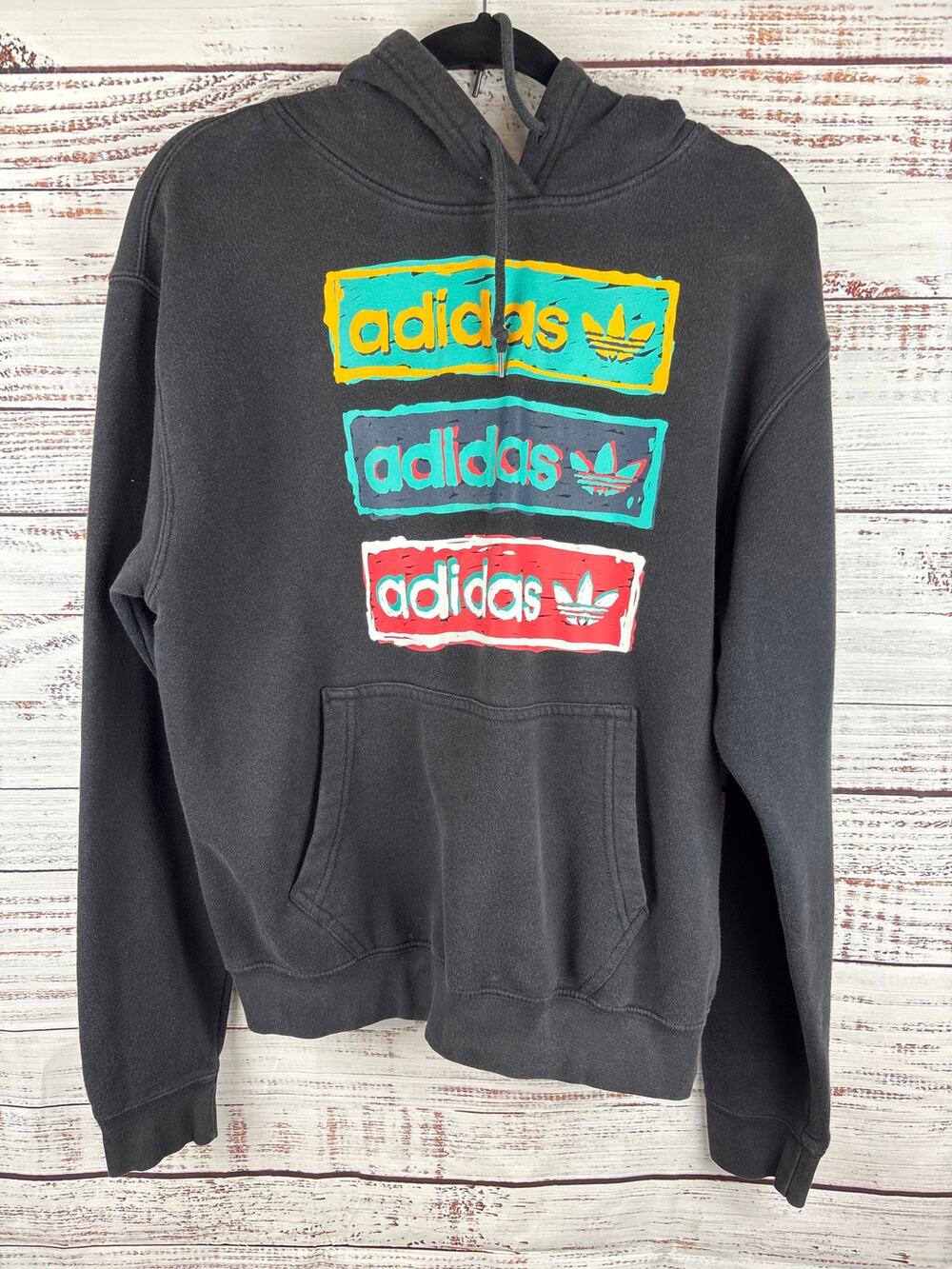 Adidas Black Multi Color Logo Black Hoodie Sweatshirt Athletic Casual Mens Sz M